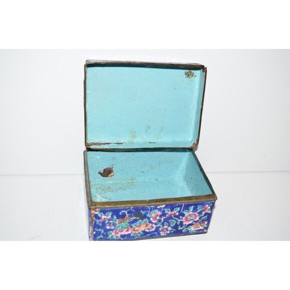 Vtg Chinese Enamel Brass Trinket Box Damaged Blue floral flaws - Picture 14 of 15